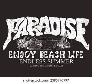 Summer good vibes. Paradise Print t shirt graphics design, typography slogan on palm trees background. Palm beach paradise hand sketch. Hawaii summer paradise artwork for t shirt, poster, sticker. 