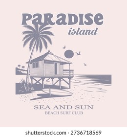 Summer good vibes. Paradise Print t shirt graphics design, typography slogan on palm trees background. Palm beach paradise hand sketch. Hawaii summer paradise artwork for t shirt, poster, sticker. 
