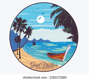 Summer good vibes print design for posters, stickers, background and others. Outdoor illustration. Mountain with beach artwork. 