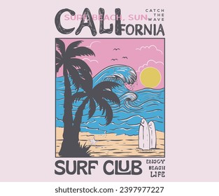 Slogan retro de vibraciones de verano bueno con ilustraciones vectoriales de sol. Impresiones de camisetas de olas de playa y otros usos. Diseño de impresión gráfica vintage de olas oceánicas. Club de surf de California. Disfruta de la vida en la playa.