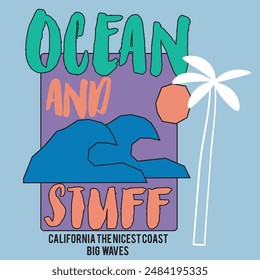 Eslogan retro de buen ambiente de verano con ilustraciones de Vector solar. Estampados de camisetas Beach wave y otros usos. Diseño de impresión gráfica vintage Ocean Wave. California