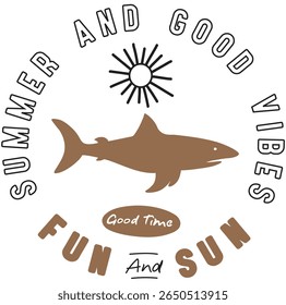 Summer and good vibes, Summer time. Beach vibes for, poster, sticker. Summer good vibes. Shark t shirt graphics design, typography slogan on white background. Ocean fish vector design. Shark fins.