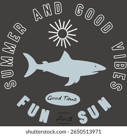 Summer and good vibes, Summer time. Beach vibes for, poster, sticker. Summer good vibes. Shark t shirt graphics design, typography slogan on black background. Ocean fish vector design. Shark fins.