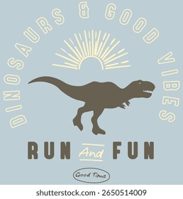 Verão e boas vibrações, hora de Verão. Dinossauros e boas vibrações para, cartaz, design gráfico sticker.lt-shirt, slogan de tipografia no fundo azul. Tempo de Dino bom tempo vetor design.