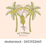 Summer good vibes vector graphic design for apparel, stickers, posters, background and others. Palm tree. Wave with mountain. Sunshine paradise artwork. Abstract wave artwork. Banana tree design.