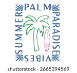 Summer good vibes vector graphic design for apparel, stickers, posters, background and others. Palm tree with surfing board artwork.