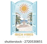 Summer good vibes vector graphic design for poster. Ibiza beach view from resort window t-shirt. Ibiza beach graphic print design. Beach hotel watercolor painting.