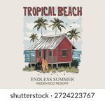 Summer good vibes vector graphic design for poster. Happy holiday. Welcome to summer paradise design. Palm tree with resort artwork. Tropical beach resort.
