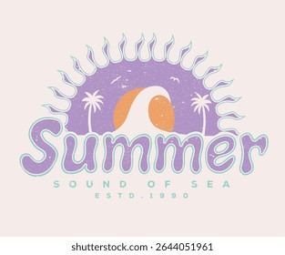 Summer good vibes vector graphic design for apparel, stickers, posters, background and others. Palm tree. Wave with mountain. Sunshine paradise artwork. Abstract wave artwork.