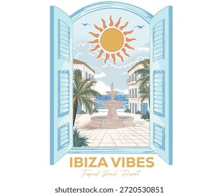 Verão boas vibes vetorial design gráfico para cartaz. Vista para a praia de Ibiza a partir da camiseta da janela do resort. Projeto gráfico de Ibiza praia impressão. Praia hotel aquarela pintura.