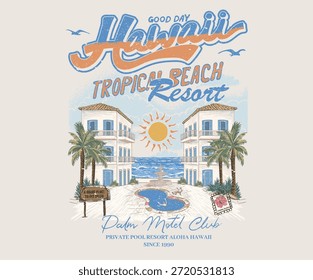 Summer good vibes vector graphic design for poster. Hawaii beach view from resort t-shirt design. Aloha, Hawaii beach graphic print design. Beach resort watercolor painting.