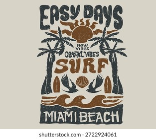 Verão boas vibes vetorial design gráfico para vestuário, adesivos, cartazes, fundo e outros. Dias ensolarados na praia de Miami. Arte do paraíso de Sunshine. Arte em onda abstrata.