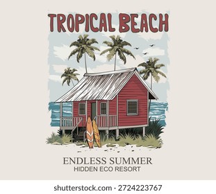 Summer good vibes vector graphic design for poster. Happy holiday. Welcome to summer paradise design. Palm tree with resort artwork. Tropical beach resort.