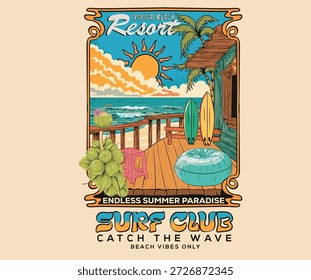 Diseño gráfico de Vector de buen rollo de verano para póster. Felices fiestas. Bienvenido al diseño del paraíso de verano. Tiempo de vacaciones. Palmera con obras de arte del resort. Complejo de playa tropical. Obra de arte del club de surf.