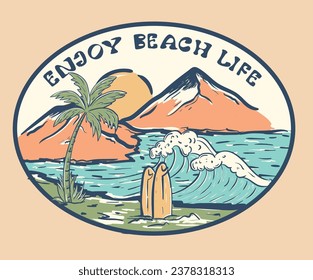 Summer good vibes vector t-shirt design. Happiness is comes in waves artwork design. Enjoy beach life.
