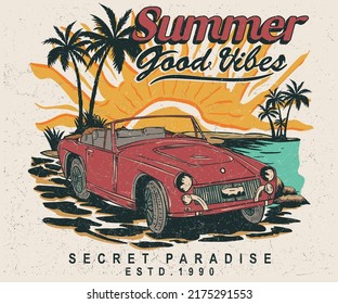 Summer good vibes vintage vector design.  Beach sunset vector artwork for apparel, stickers, posters, background and others. Holliday road trip by vehicle.