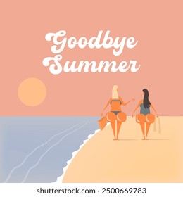 Summer goodbye concept illustration withTwo girlfriend with big booty walking on beach. Vector goodbye summer concept minimalistic illustration with woman , summer beach, ocean, sand and lighthouse.