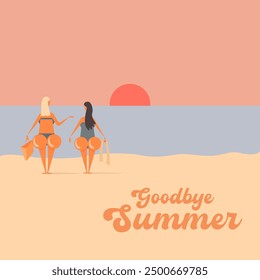 Summer goodbye concept illustration withTwo girlfriend with big booty walking on beach. Vector goodbye summer concept minimalistic illustration with woman , summer beach, ocean, sand and lighthouse.