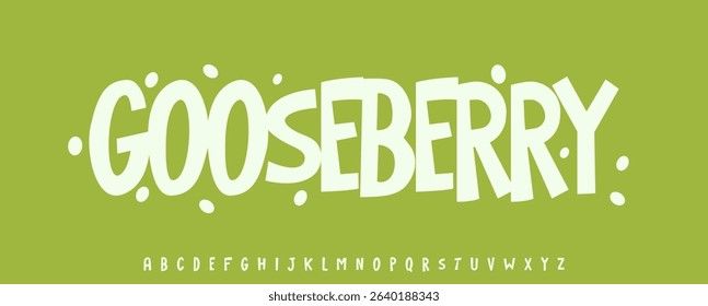 Summer Gooseberry berry, joyful lettering, cartoon funny typography. Childish font for friendly logo headline of culinary recipe book, sweets, ice cream title. Food typographic design. Vector typeset.