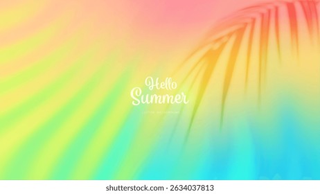 Summer gradient background with a palm leaf shadow. Tropical bright colorful summer colors. Green, blue, purple, orange, yellow. Great for covers, poster, banner. Vector illustration.