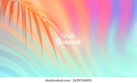 Summer gradient background with a palm leaf shadow. Bright colorful summer colors. Sunset and sunrise sky colors. Blue, purple, orange, pink, yellow. Great for poster, banner. Vector illustration.