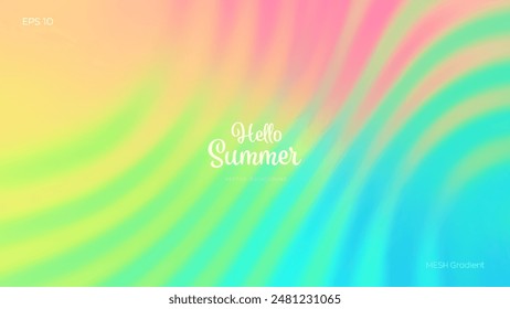 Summer gradient background. Tropical bright colorful summer colors. Green, blue, purple, orange, yellow. Great for covers, branding, poster, banner. Vector illustration.