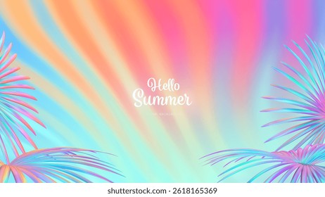 Summer gradient background with tropical leaves. Bright colorful summer colors. Sunset and sunrise sky colors. Blue, purple, orange, pink, yellow. Great for covers, poster, banner. Vector illustration