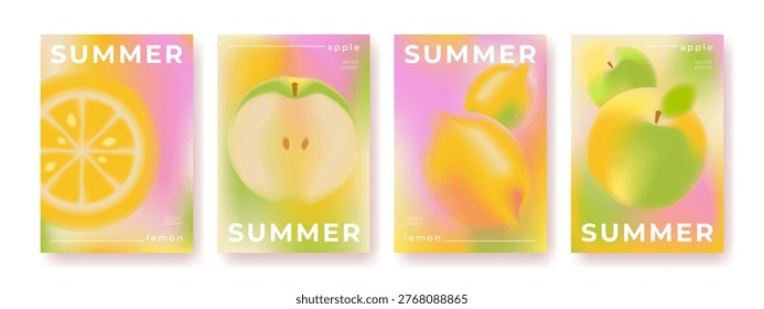 Summer gradient backgrounds with abstract blurred fruit shapes, set of vector cards. Fresh colorful defocused illustration with lemon and apple slices elements. Modern minimal banner design