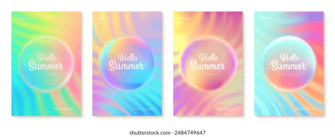 Summer gradient backgrounds set. Bright colorful summer colors. Sunset and sunrise sky colors. Green, blue, purple, orange, yellow. Great for covers, branding, poster, banner. Vector illustration.