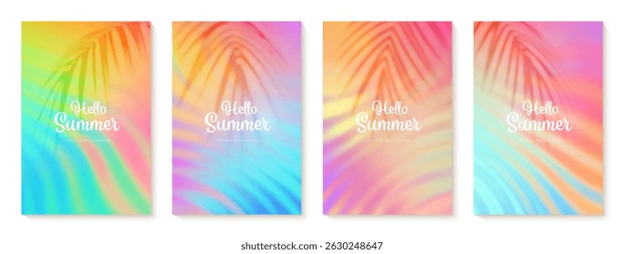 Summer gradient backgrounds set with a palm leaves shadows. Bright colorful summer colors. Sunset and sunrise sky colors. Green, blue, orange, yellow. Great for poster, banner. Vector illustration.