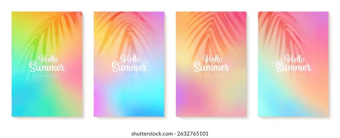 Summer gradient backgrounds set with a palm leaves shadows. Bright colorful summer colors. Sunset and sunrise sky colors. Green, blue, orange, yellow. Great for poster, banner. Vector illustration.