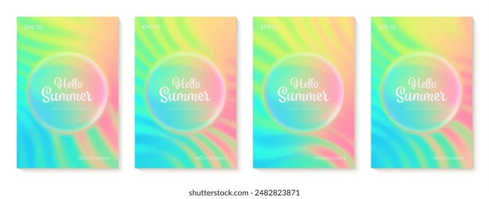 Summer gradient backgrounds set. Tropical bright colorful summer colors. Green, blue, purple, orange, yellow. Great for covers, branding, poster, banner. Vector illustration.