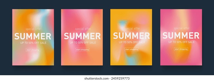 Summer Gradient Design. Set Fluid Texture with Pink, Orange, Blue Colors. Background Retro Art for Advertising, Web, Social Media, Poster, Banner, Cover. Vector Illustration