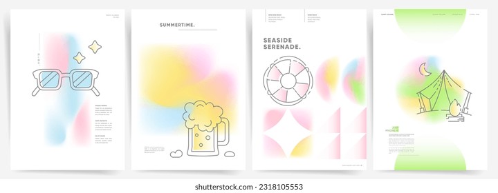 Summer Gradient Design Set. Minimalist Posters on Sea and Relaxation Themes. Active vacation, Camping, Beer party and beach summer time elements.