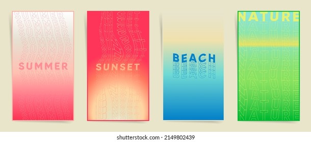 Summer gradient neon design set for poster background, social media stories, posts, aesthetic blurry frames and decorative banners. Duotone vertical minimal vector cover creatives.