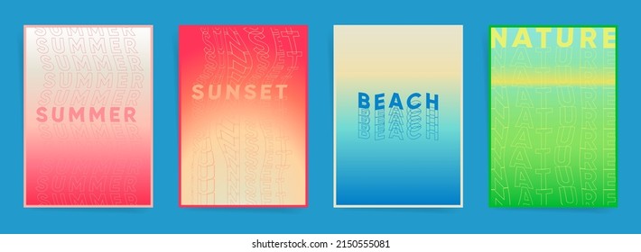 Summer gradient neon design set for poster background, placards, banners, books and notebook covers.  Aesthetic blurry frames and decorative banners. Duotone vertical minimal vector creatives prints.