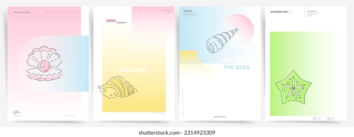Summer Gradient. Soft Colors Backgrounds with Geometric Elements for Abstract Creative Graphic Design. Vector Cover, Poster, Brochure Collection. Sea shells, pearls and starfish. 