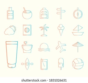 diseño de colección de iconos de estilo degradado de verano, vacaciones y tema tropical Ilustración vectorial