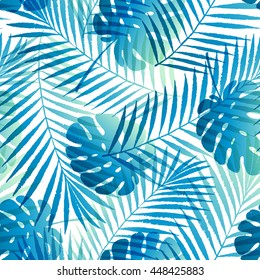 Summer gradient tropical palm tree leaves seamless pattern. Vector grunge design for cards, wallpapers, backgrounds and natural product.