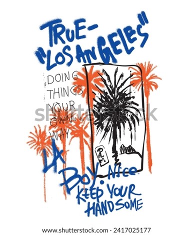 Summer graffiti print, graffiti text print, palm tree vector, spray effects for tropical summer print, slogan for Los Angeles tee shirt design