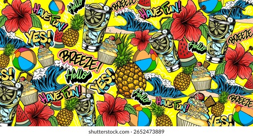 Summer graffiti vector background design. Colorful decorative summer theme in graffiti style of background illustration with cute graphic elements.