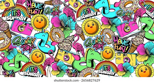 Sommer Graffiti Vektor Hintergrund Design. Farbenfrohe dekorative Sommer-Thema in Graffiti-Stil der Hintergrund-Illustration mit niedlichen grafischen Elementen.	