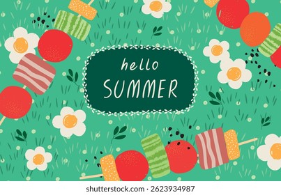 summer grainy textured background , wallpaper or banner with food, barbecue, vegetables, daisy and green grass, hand drawn elements, creative vector illustration