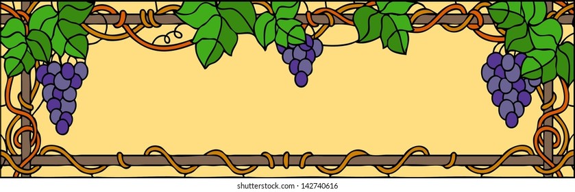 Summer grape with leaf, horizontal composition, interior design, vector illustration in stained glass style