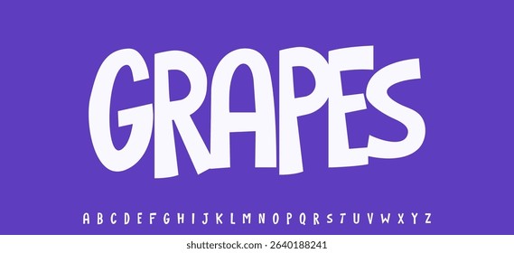 Summer Grapes berries, joyful lettering, cartoon funny typography. Childish font for friendly logo headline of culinary recipe book, sweets, ice cream title. Food typographic design. Vector typeset.