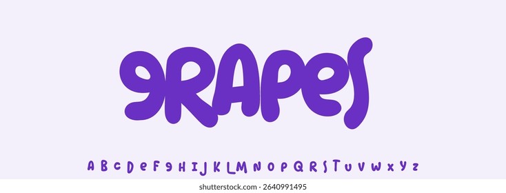 Summer Grapes, joyful lettering, cartoon rounded typography. Childish font for friendly logo headline of culinary recipe book, sweets, ice cream title. Food typographic design. Vector typeset.