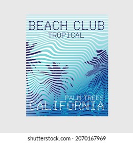 Summer Graphic California Beach Club Tropical Palm tree Wave line typographic  T shirt Print Design Vector Graphic Blue Background Poster