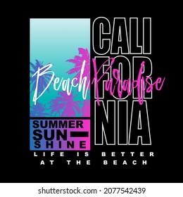 Summer Graphic California Beach Paradise summer sunshine typography gradient palm tree black background  T shirt graphic Print Design Vector Poster,banner,