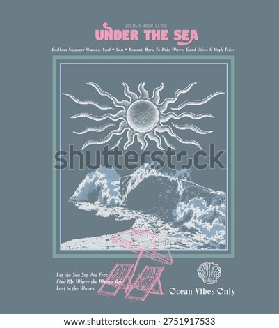 Summer graphic design. big waves under the sea. vintage abstract waves print artwork. tropical t-shirt design. typography with beach illustration