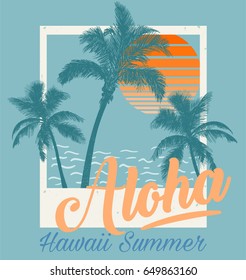 summer graphic design with palms and sun, illustration, vectors, typography